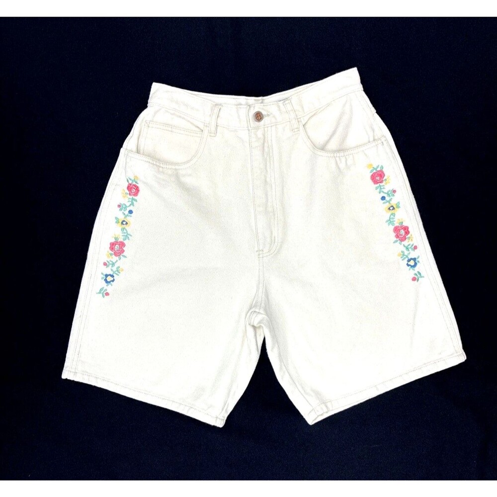 Bill Blass Embroidered Mom Jorts Denim Shorts Vtg Sz 12 Ivory High Waist 80s 90s
